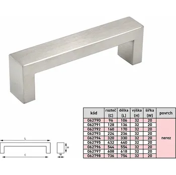 Nábytkové kování 62797 úchytka JOSEF rozteč 608mm nerez (Nábytková úchytka JOSEF s roztečí 608 mm v povrchu nerez. Jednoduchý a funkční doplněk do interiéru.)