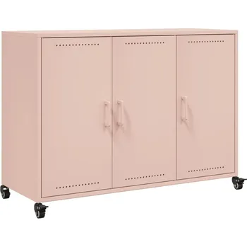 Komoda Skříňka na kolečkách se 3 dvířky, ocel, růžová, 100,5x39x72 cm