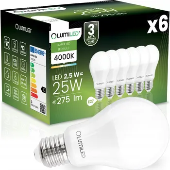 Žárovka 6x LED ŽÁROVKA E27 A60 2,5W = 25W 275LM 4000K NEUTRÁLNÍ BÍLÁ 260° LUMILED