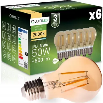 Žárovka 6x LED žárovka E27 A60 FILAMENT AMBER 6W 660LM = 50W 2000K 360° LUMILED