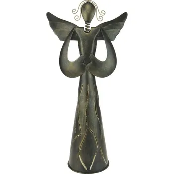 Svícen Kovový anděl s děrovanými šaty měděný 42,5 cm (Plechová socha anděla na svíčku)