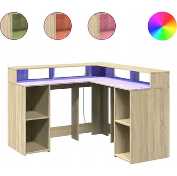 Rohový psací stůl L s RGB LED osvětlením, dub sonoma, 130x130x91 cm