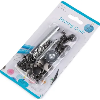 Knoflíky stiskací s pérkem Ø15 mm na středně silné látky, s ručním kovovým aplikátorem