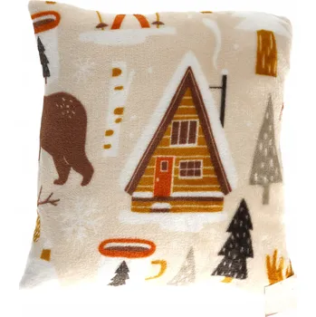 Povlak na dekorativní polštářek Béžový povlak na polštář s motivem medvídků a zimní chaty / Zimní povlak na polštář