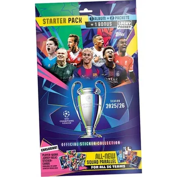 Sběratelská karetní hra ALBUM NA SAMOLEPKY CHAMPIONS LEAGUE 2026 TOPPS STARTER PACK + 2 BALÍČKY