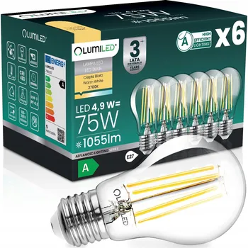 Žárovka 6x LED ŽÁROVKA E27 FILAMENT TŘÍDA A 4,9W 1055LM = 75W 2700K 360° LUMILED