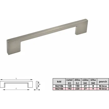 Nábytkové kování 62104 úchytka HANKA rozteč 128mm nikl kartáč (Nábytková úchytka HANKA s roztečí 128 mm v povrchu nikl. Vhodné řešení pro nábytek v interiéru.)