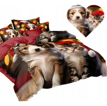 Povlečení Povlečení Vánoční 3D Faktický vzor 160/200 3 Č. Pes a kočka V čepici Mikuláše
