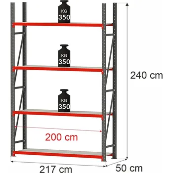 Dílenský regál Regalydoskladu Kovový skladový regál se 4 policemi FORTIS 240x217x50 cm, základní modul