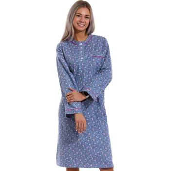 Dámské noční prádlo Holubí modř s růžičky, flanelová extra teplá noční košilka dámská - dlouhá 1DF0016 šedá s