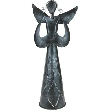 Svícen Kovový anděl s děrovanými šaty stříbrný 42,5 cm (Plechová socha anděla na svíčku)