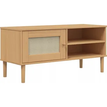 Televizní stolek TV stolek z masivního borovicového dřeva a polyratanu SENJA, 106x40x49 cm, hnědý