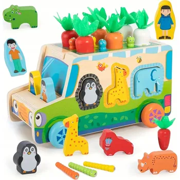 Dřevěná hračka Montessori třídič kostek Chyť Červíka auto Puzzle MRKVE A ČERVÍCI