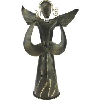 Svícen Kovový anděl s děrovanými šaty měděný 29,5 cm (Plechová socha anděla na svíčku)