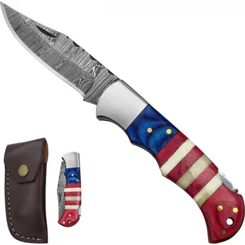 kapesní nůž PAK Zavírací damaškový nůž "SAILOR'S BLADE" s koženým pouzdrem