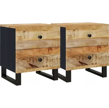 Noční stolek Dřevěné noční stolky z manga, černé nohy, 40 x 33 x 46 cm