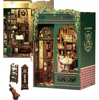 Domeček pro panenku Mini domeček, mini DIY Book Nook s LED osvětlením, Knihkupectví pod sovou PUZZLE 3D CuteBee