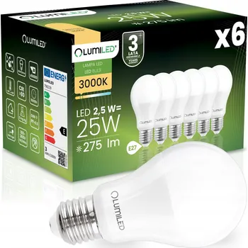 Žárovka 6x LED ŽÁROVKA E27 A60 2,5W = 25W 275LM 3000K TEPLÁ BÍLÁ 260° LUMILED