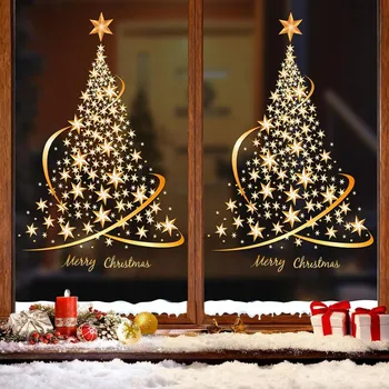 Vánoční dekorace Vánoční samolepka na okno - Stromeček, Sněhové Vločky, Veselé Vánoce - bez lepidla