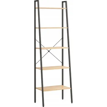 Knihovna Stojící regál ve tvaru žebříku s 5 policemi, Ocel a dřevo, 56x35x174 cm, světle hnědá