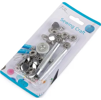 Knoflíky stiskací s pérkem Ø15 mm na středně silné látky, s ručním kovovým aplikátorem