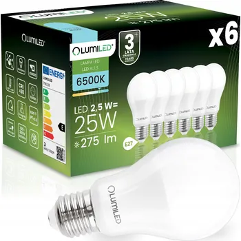 Žárovka 6x LED ŽÁROVKA E27 A60 2,5W = 25W 275LM 6500K STUDENÁ BÍLÁ 260° LUMILED