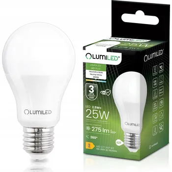 Žárovka LED ŽÁROVKA E27 A60 2,5W = 25W 275LM 4000K NEUTRÁLNÍ BÍLÁ 260° LUMILED