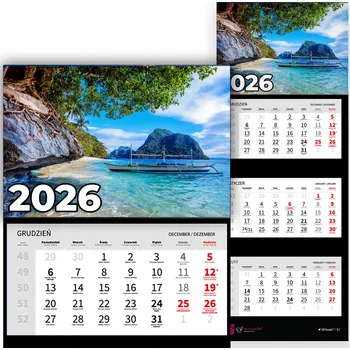 Kalendář Nástěnný Trojdílný Kalendář 2026 - Kancelářský Závěsný - Různé Vzory (Pobřeží)