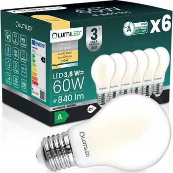 Žárovka 6x LED ŽÁROVKA E27 FILAMENT TŘÍDA A 3,8W 840LM = 60W 2700K 360° LUMILED