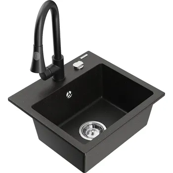 Granitový dřez MEXEN/S - Milo granitový dřez 1-miska včetně baterie Elia, černá/zlatá metalik 6505-75-670101-70