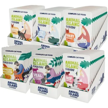 Krmivo pro kočku Animal Island ZESTAVA PRO NEJEDLÍKY Kočka Kapsičky 6X12x85G MIX + TALÍŘEK