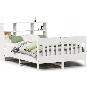 Postel Bílá postel z borovicového dřeva s čelem a 6 přihrádkami, 228,5x146x110