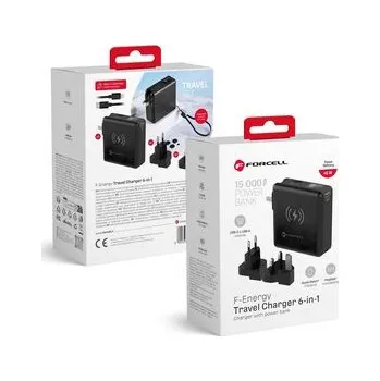 Multifunkční nabíječka Forcell F-Energy 6v1 USB-A + USB-C PD 45 W + powerbanka 15 000 mAh + bezdrátové nabíjení 15 W, černá - Forcell + zdarma možnost vyzkoušet a vrátit zboží do 30 dní