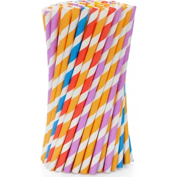 Jednorázové nádobí Brčka papírová 197x8 mm, barevné proužky / 100 ks