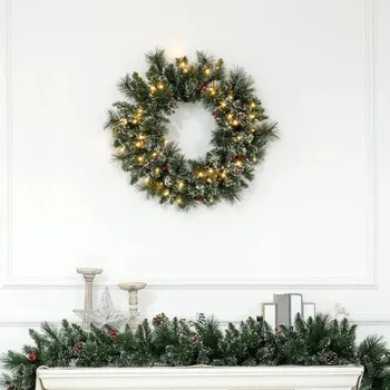 Vánoční dekorace HOMCOM Vánoční věnec se sněhovým efektem a LED osvětlením | zelený + bílý 60 x 10 cm zelená