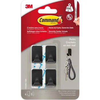 Věšák Command: malé černé matné háčky bez vrtání, 4 háčky + 5 pásků