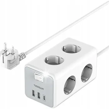 Napájecí kabel Tessan Prodlužovací Kabel Zásuvková Lišta 6 Zásuvek 2m 3x USB Nabíječka