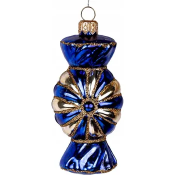 Vánoční ozdoba Vánoční Koule na vánoční stromeček retro bonbón modrá ručně zdobená zlatým třpytem