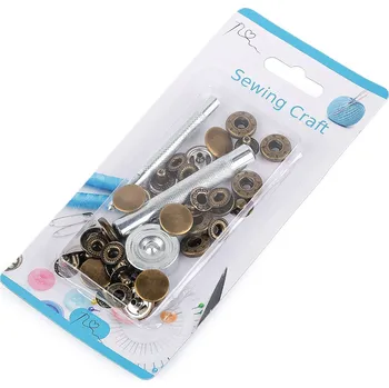 Knoflíky stiskací s pérkem Ø15 mm na středně silné látky, s ručním kovovým aplikátorem