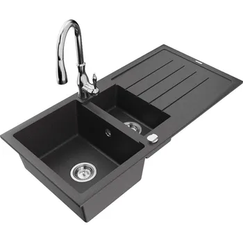 Kuchyňský dřez MEXEN/S - Andres granitový dřez s odkapávačem včetně baterie Savita, černá nakrapiany 6515-76-672601-00
