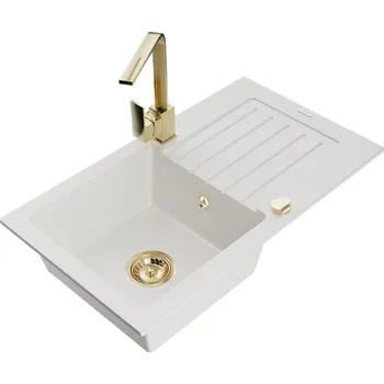 MEXEN/S - Pablo granitový dřez 1-miska s odkapávačem včetně baterie Rita, bílá 6510-20-670300-50