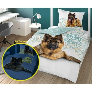 Svítící povlečení bavlněné, FLUO Vlčák a ornament