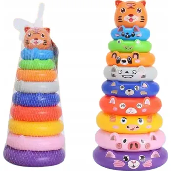 Hračka pro nejmenší Piramida z Kroužků Samolepky Zvířátka Tygřík Barevná