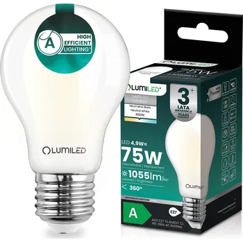 Žárovka LED ŽÁROVKA E27 FILAMENT TŘÍDA A 4,9W 1055LM = 75W 4000K 360° LUMILED