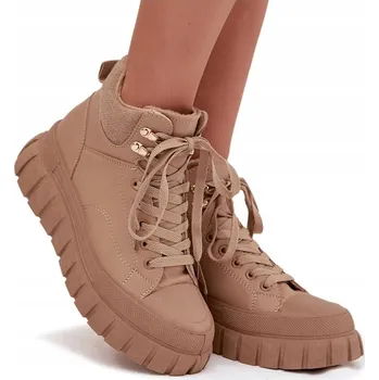 Dámská zimní obuv KOTNÍKOVÉ BOTY TRAPERY NA PLATFORMĚ EKO KOŽENÉ ZATEPLENÉ CAMEL 38