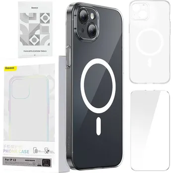 Pouzdro na mobilní telefon Pouzdro na telefon Baseus Magnetic Crystal Clear pro iPhone 13 (průhledné) s ochranným krytem displeje z tvrzeného skla a čisticí sadou