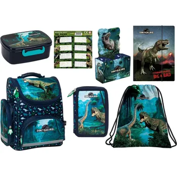 Školní batoh Derform Zvýhodněná školní sada s aktovkou dinosauři 7 ks