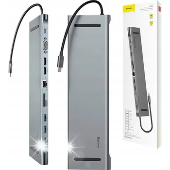 USB hub BASEUS ADAPTÉR HUB PŘEVODNÍK 11v1 USB TYP C NA 2xHDMI 3xUSB VGA RJ45 PD