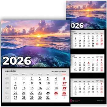 Kalendář Nástěnný Trojdílný Kalendář na Rok 2026 Závěsný Kancelářský Moře Mix Vzorů