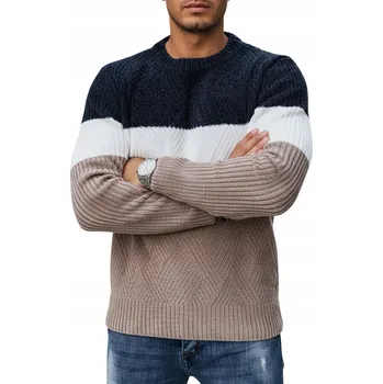 Pánské oblečení Pánský svetr s kulatým výstřihem, tmavě modro-béžový WX2321 - XXL